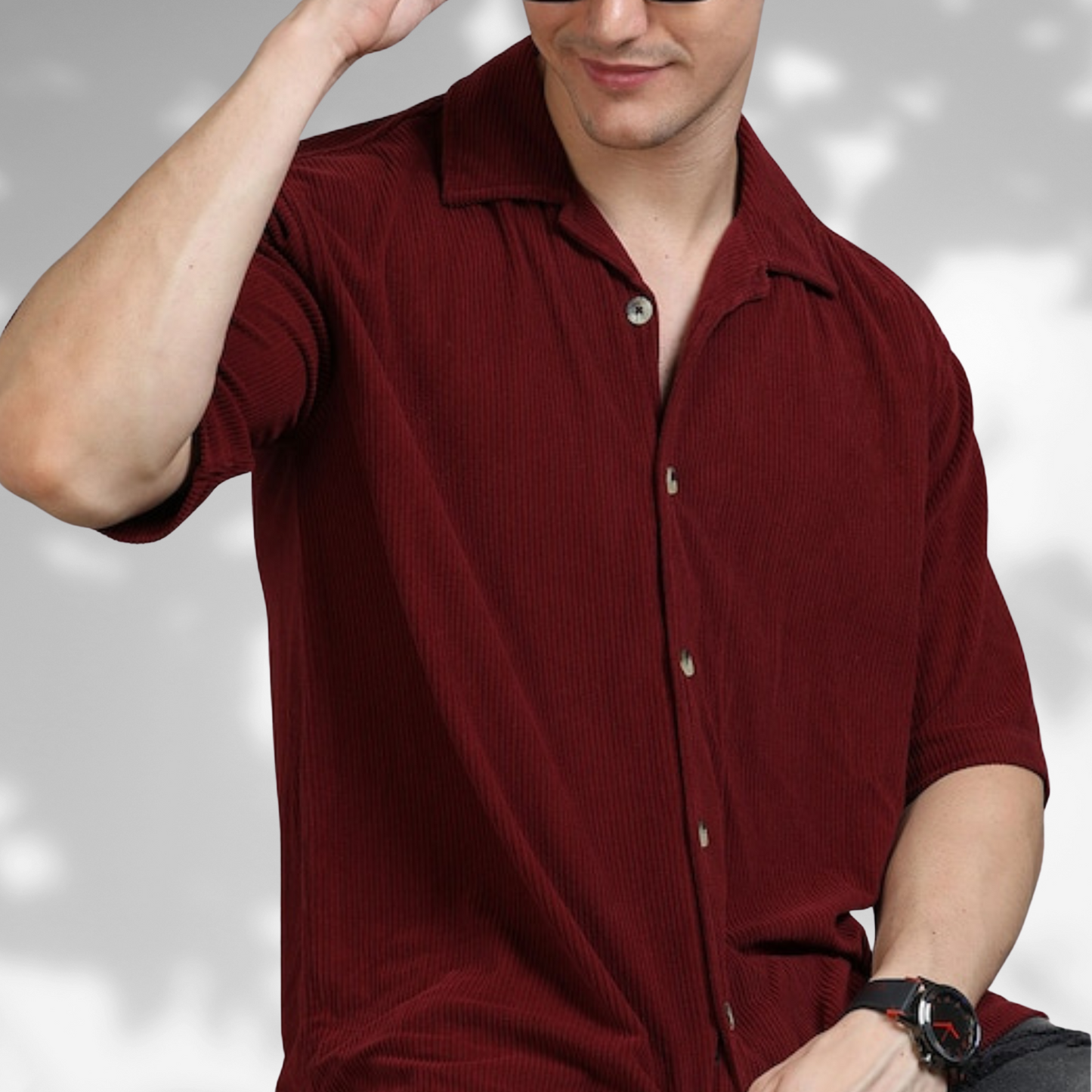 H-204 | Maroon Corduroy Shirt with Cuban Collar
