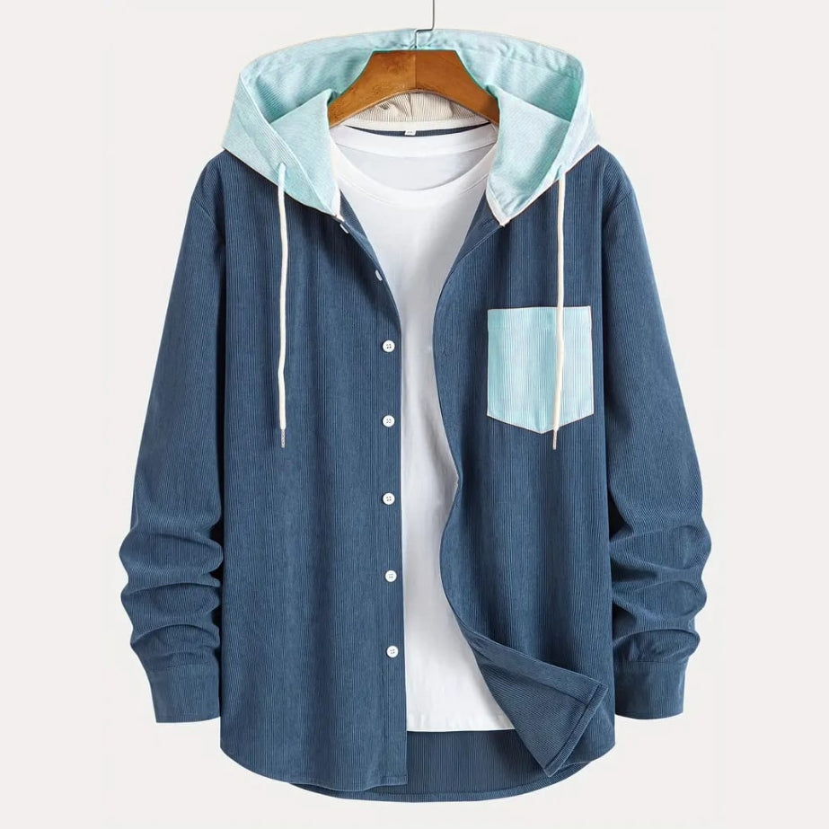 Jorg Solid Corduroy Mix Match Navy Blue Hoodie Shirt