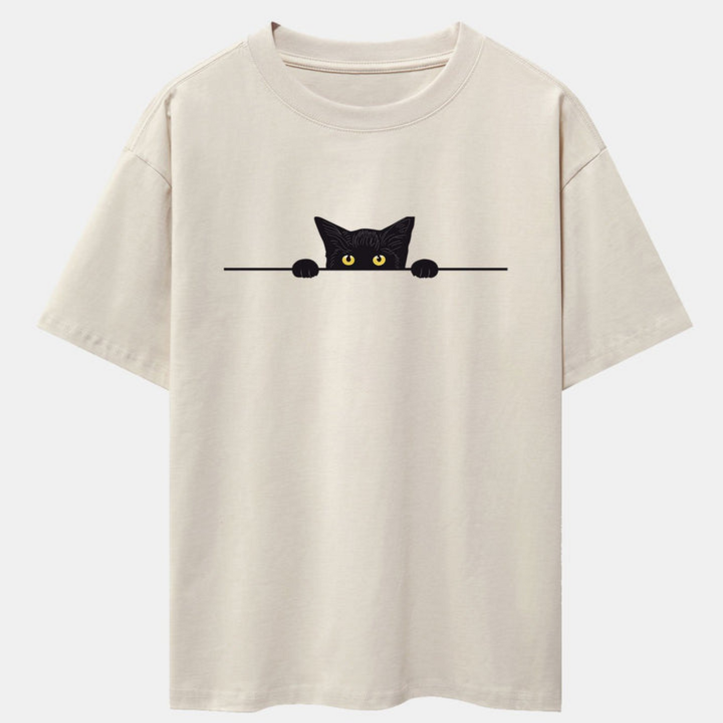 Black Cat Print Beige Drop Shoulder Oversize T-Shirt