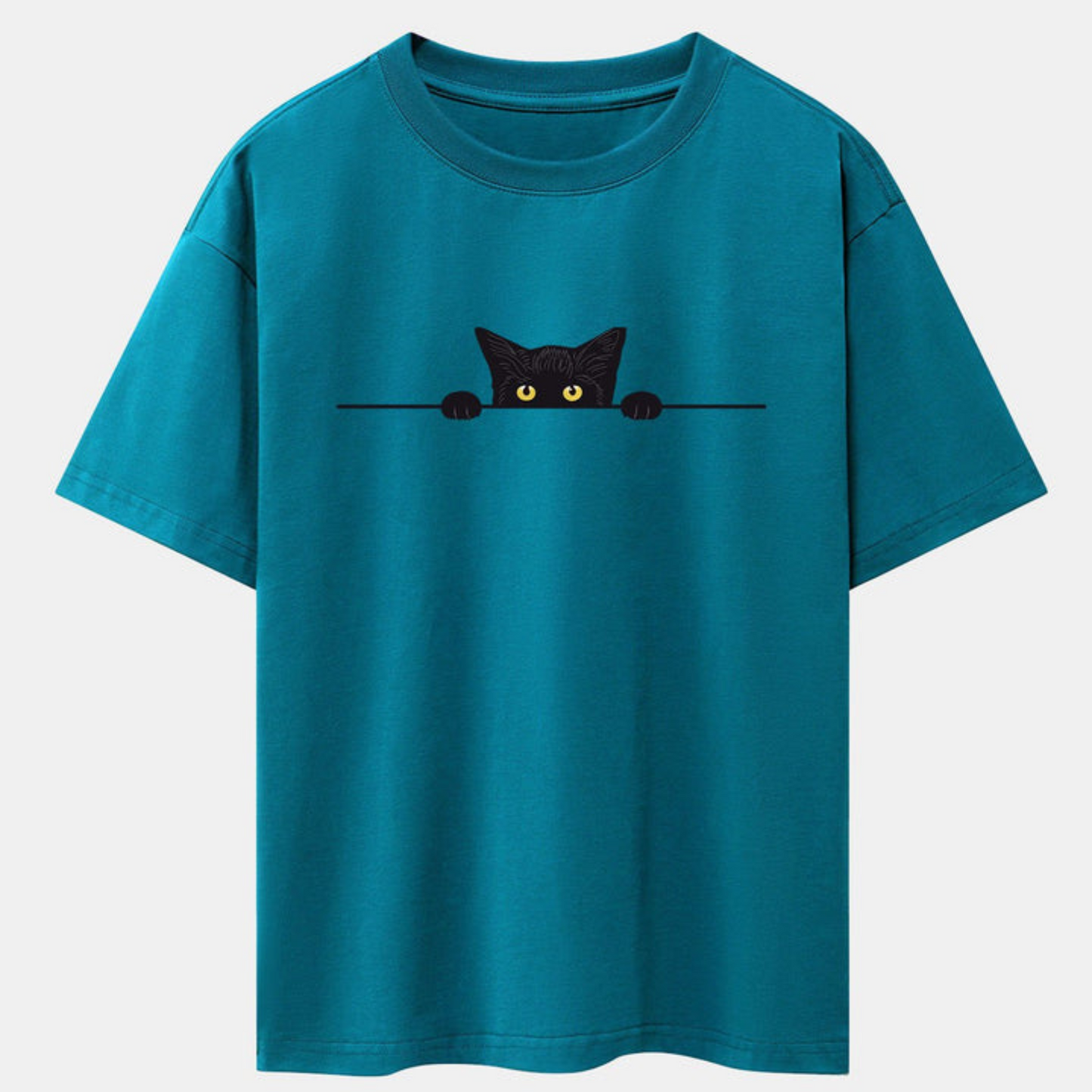 Black Cat Print Teal Drop Shoulder Oversize T-Shirt