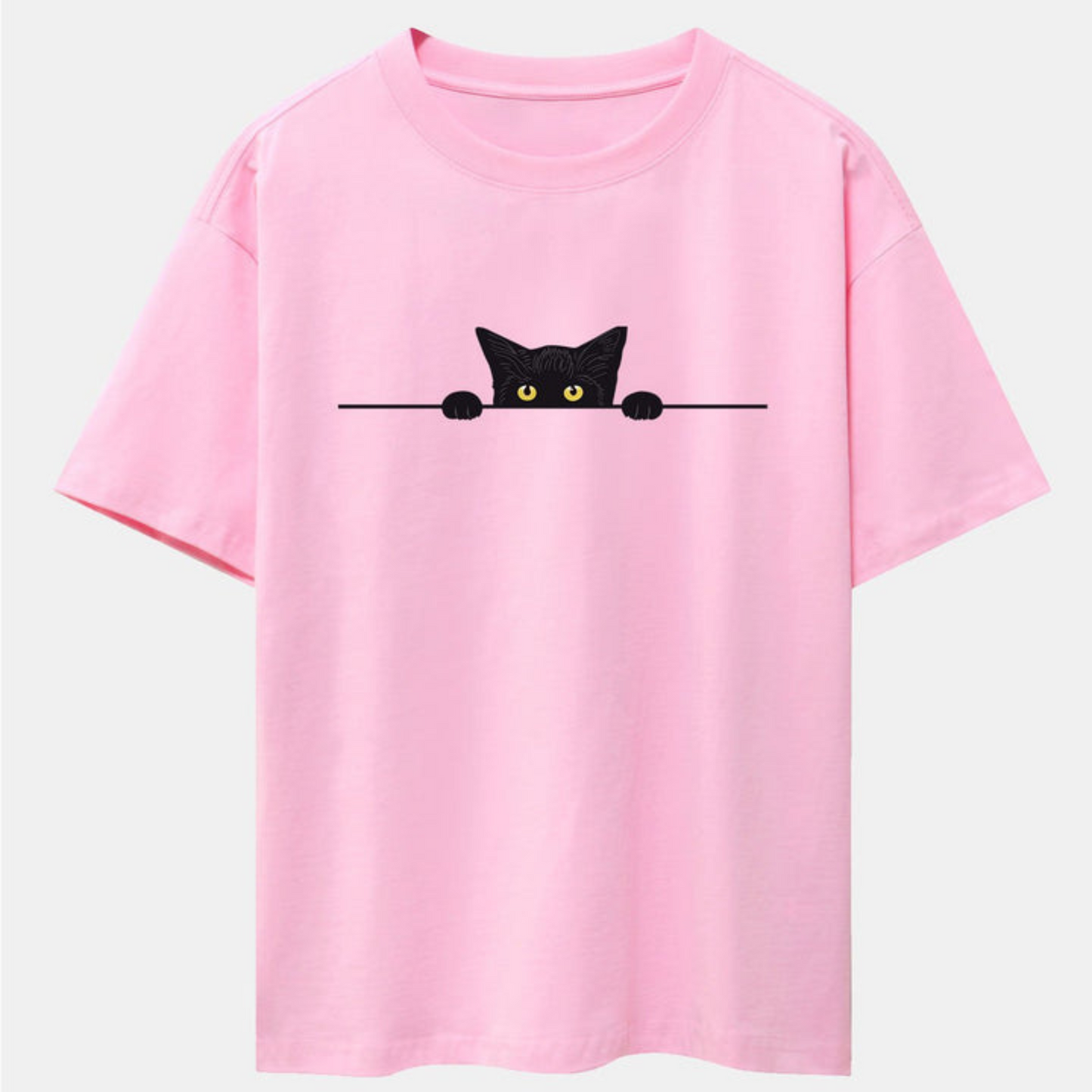 Black Cat Print Pink Drop Shoulder Oversize T-Shirt
