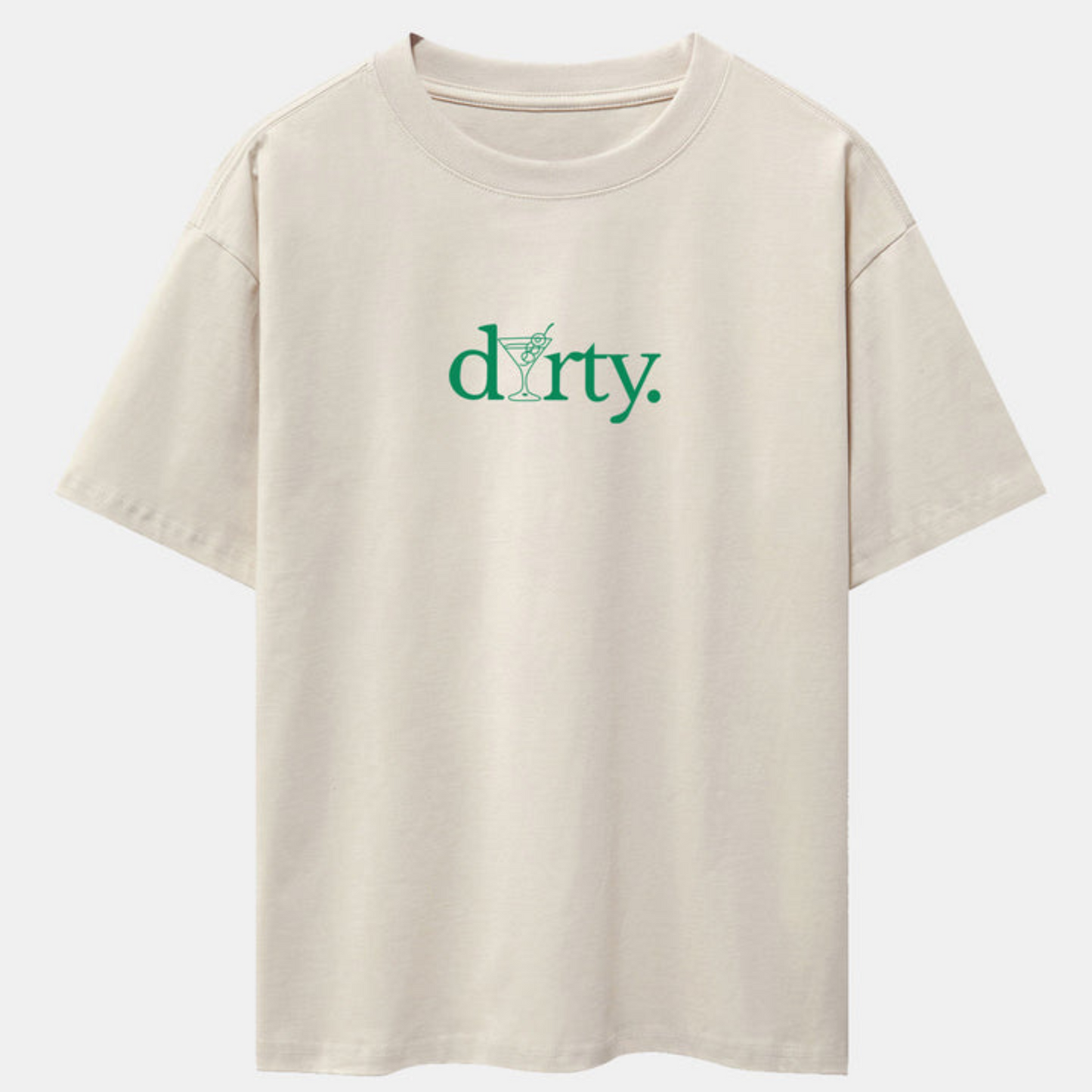 Dirty Cocktail Glass Print Beige Drop Shoulder Oversize T-Shirt