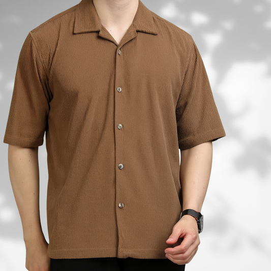 H-200 | Brown Corduroy Shirt with Cuban Collar
