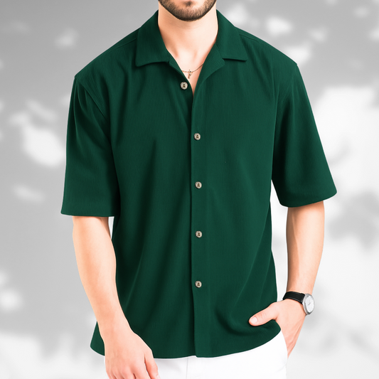 H-202 | Bottle Green Corduroy Shirt with Cuban Collar