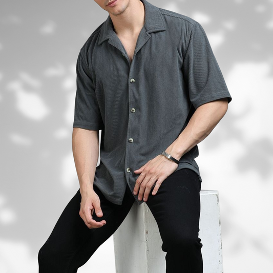 H-203 | Gray Corduroy Shirt with Cuban Collar