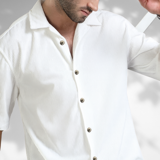 H-201 | White Corduroy Shirt with Cuban Collar