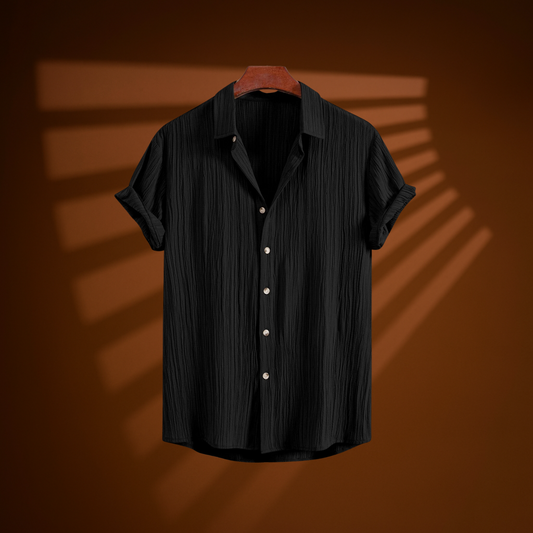 Midnight Crinkle – Classic Black Short Sleeve Shirt | H-801