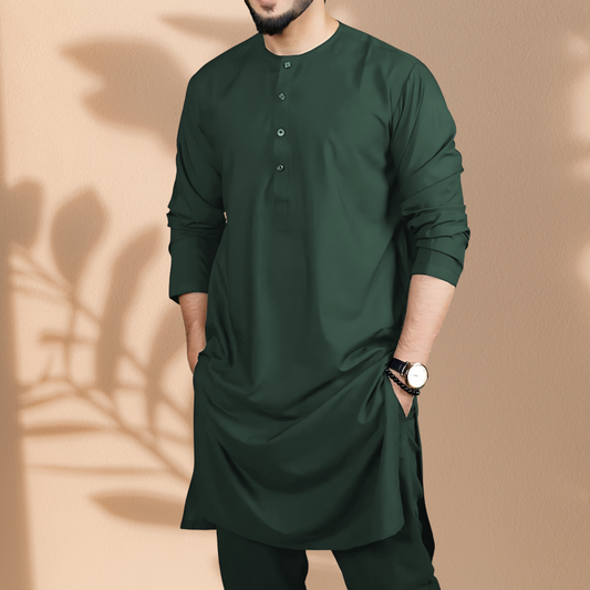 Men's Bottle Green Classic Panjabi & Pajama Full Set – P-0010