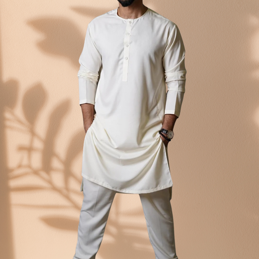 Men's White Classic Panjabi & Pajama Full Set – P-002