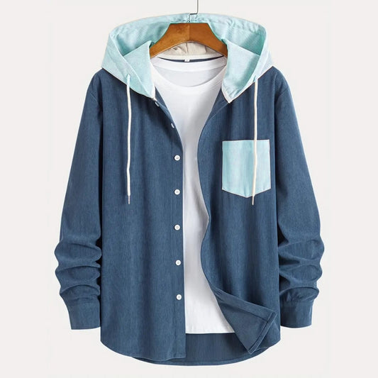 Jorg Solid Corduroy Mix Match Navy Blue Hoodie Shirt