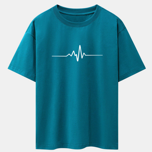 Heartbeat Flatline Print Teal Drop Shoulder Oversize T-Shirt