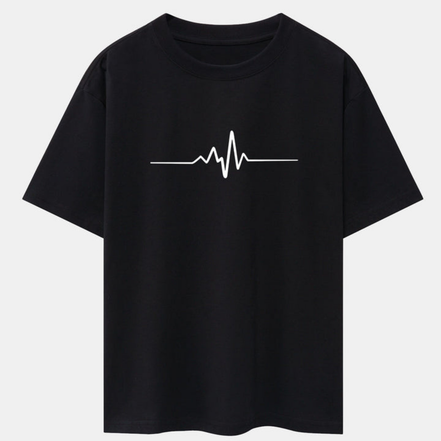 Heartbeat Flatline Print Black Drop Shoulder Oversize T-Shirt