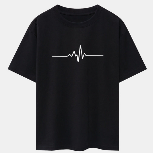 Heartbeat Flatline Print Black Drop Shoulder Oversize T-Shirt