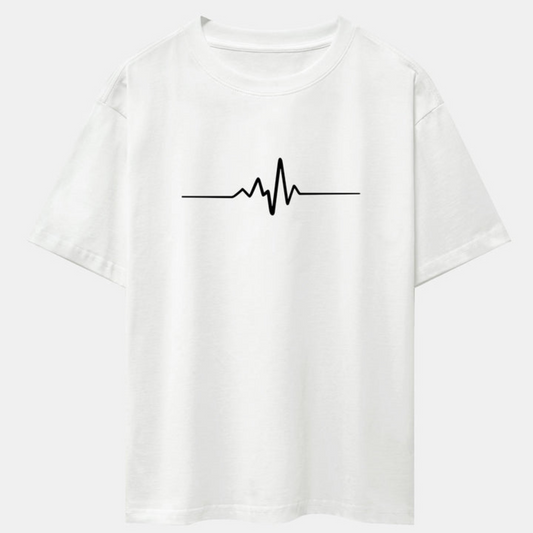 Heartbeat Flatline Print White Drop Shoulder Oversize T-Shirt