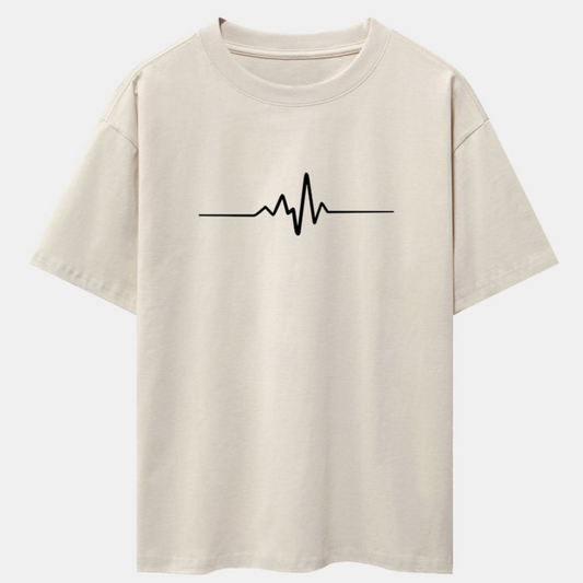 Heartbeat Flatline Print Beige Drop Shoulder Oversize T-Shirt