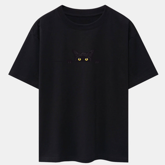 Black Cat Print Black Drop Shoulder Oversize T-Shirt