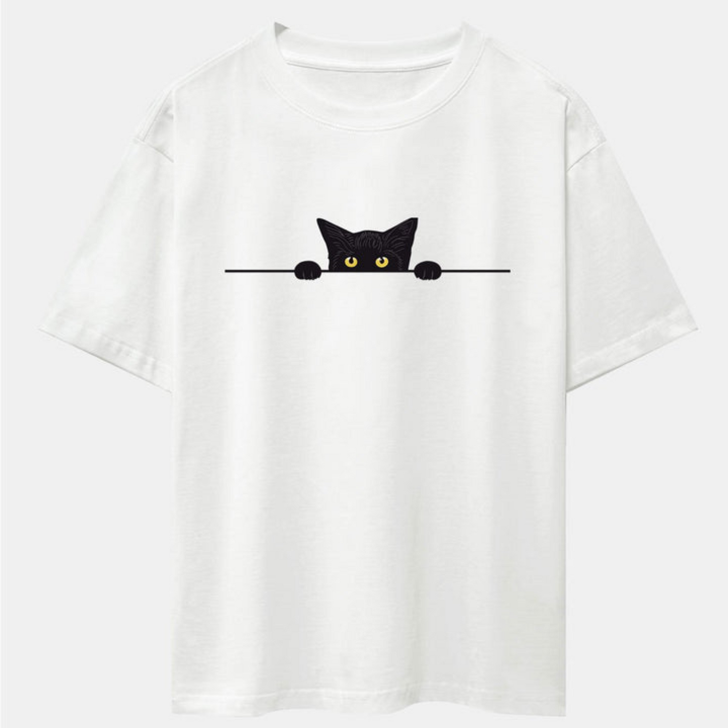 Black Cat Print White Drop Shoulder Oversize T-Shirt