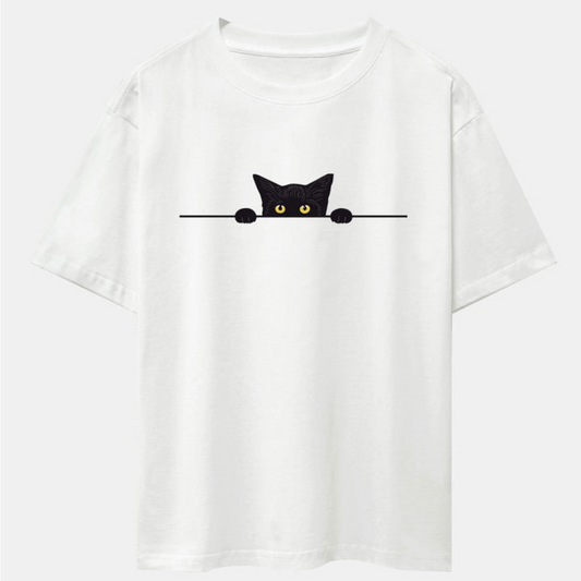 Black Cat Print White Drop Shoulder Oversize T-Shirt
