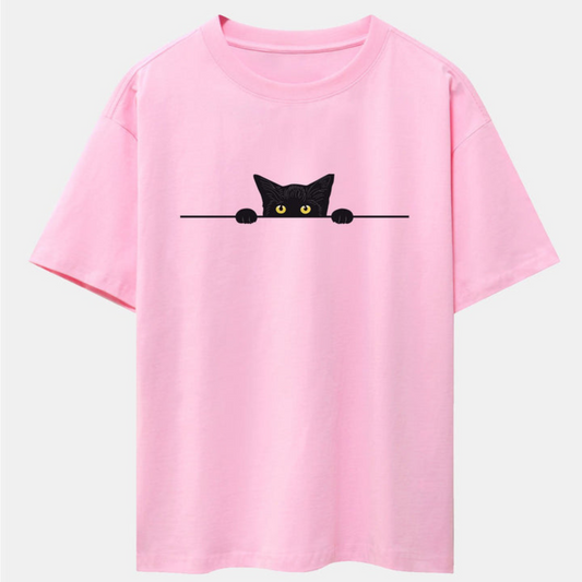 Black Cat Print Pink Drop Shoulder Oversize T-Shirt