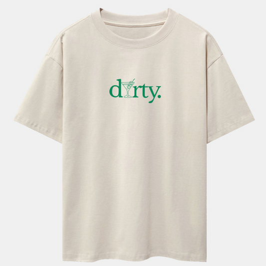 Dirty Cocktail Glass Print Beige Drop Shoulder Oversize T-Shirt
